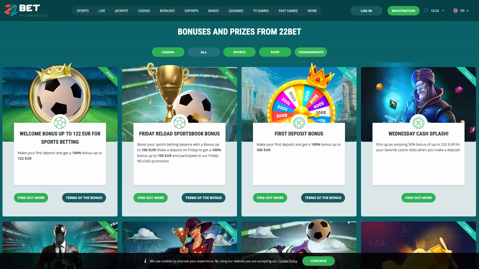 22Bet: Desktop View